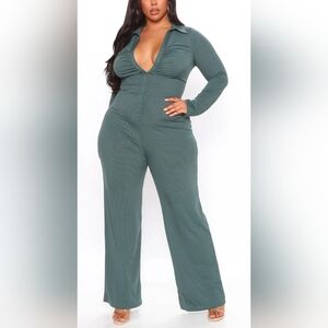 Fashion Nova Ribbed Teal Long Sleeve Button-Front Jumpsuit – Size 3X